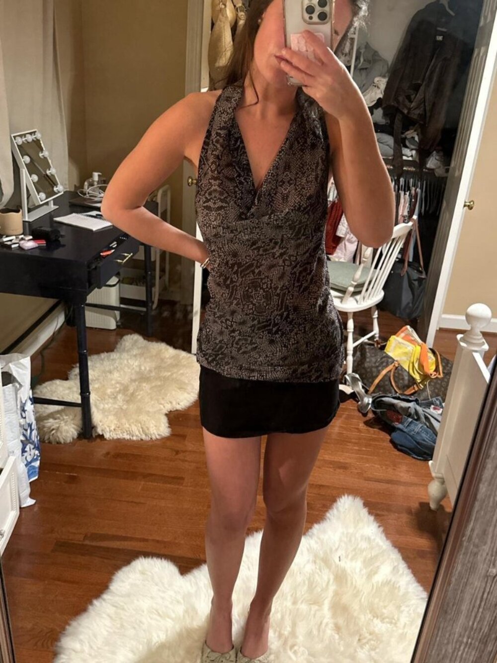 Black and grey velvet halter top with a touch of glamour